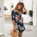 Half Sleeve Flower Printed V-neck Chiffon Fashion Dresses